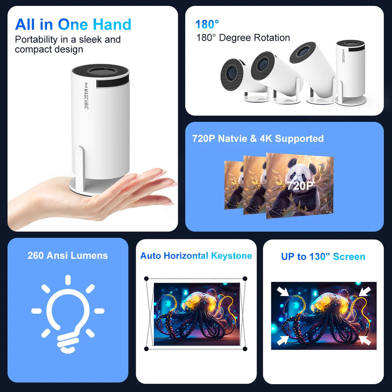🎬 180° Rotatable Projector with 260 ANSI – Compact, Smart, and Ready for Cinema